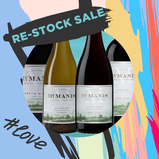 Three bottles of McManis wine with a 'Re-Stock Sale' banner and colorful abstract design.